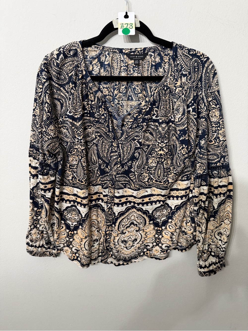 Women’s Lucky Brand Navy and Cream Paisley Peasant Blouse Size Large